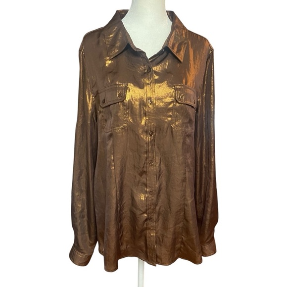 Calvin Klein Women’s Liquid Bronze Shimmer Metallic Button Down Shirt Size L Fun - Picture 2 of 15